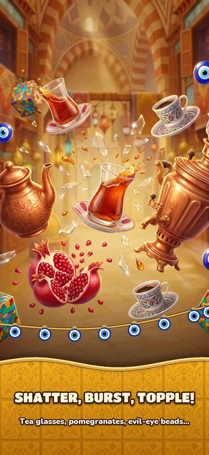 Tea glasses, pomegranates and teapots bursting apart
