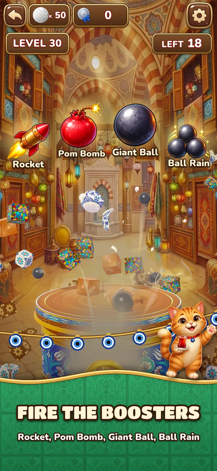 The four boosters: Rocket, Pom Bomb, Giant Ball and Ball Rain