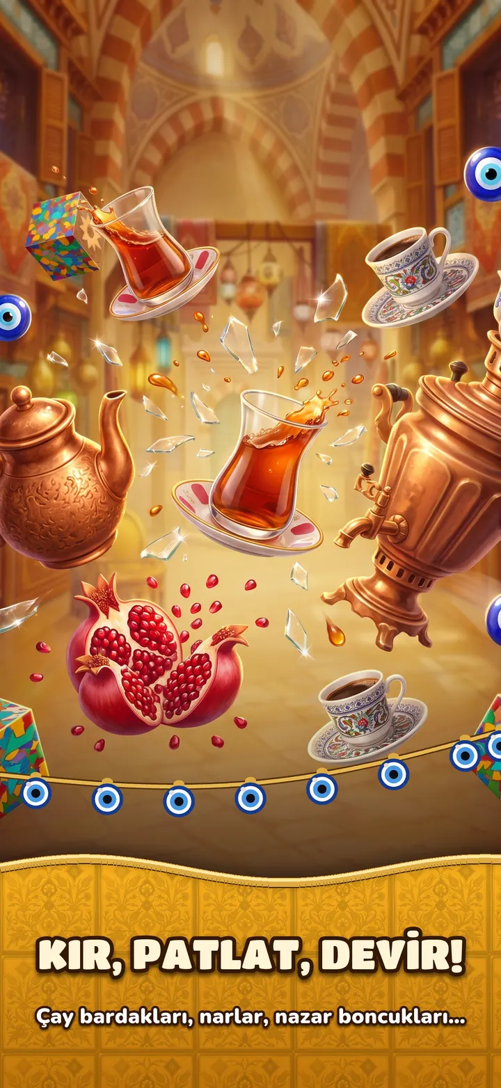 Dağılan çay bardakları, narlar ve çaydanlıklar