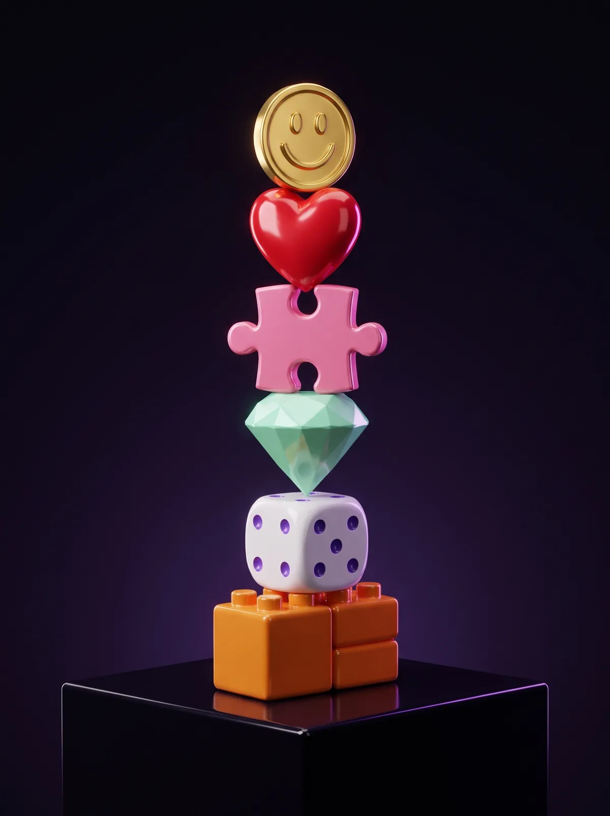 A balanced stack of glossy game pieces on a dark plinth