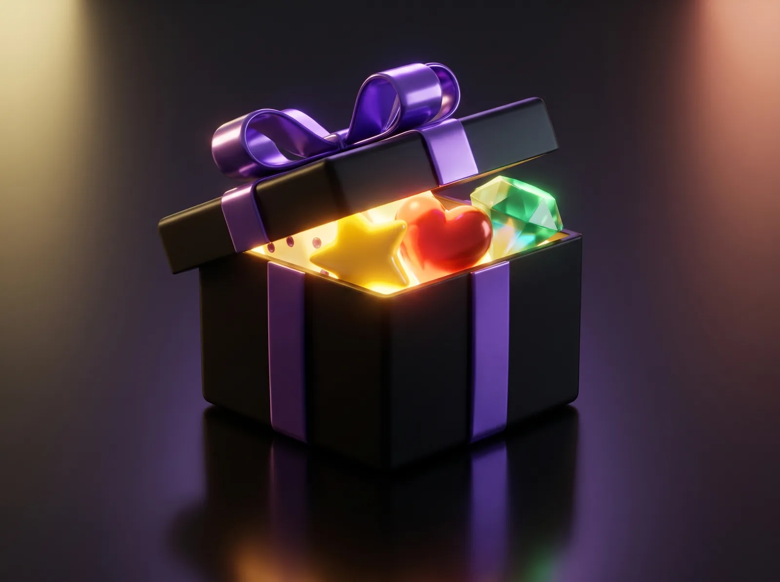 A black gift box with a violet ribbon, glowing game pieces peeking out